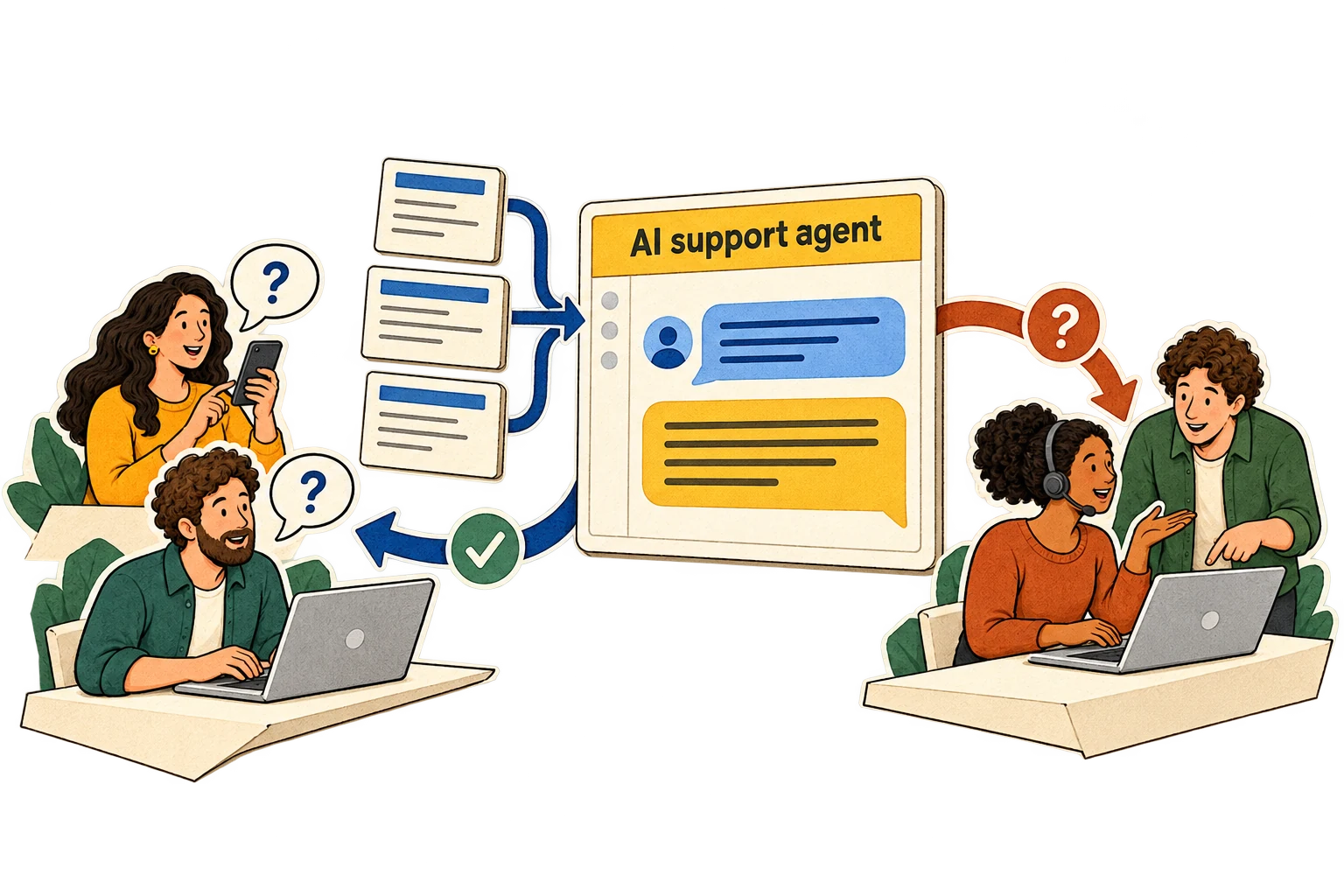 One example: an AI support agent answers customers using company knowledge and routes questions that need judgement to people