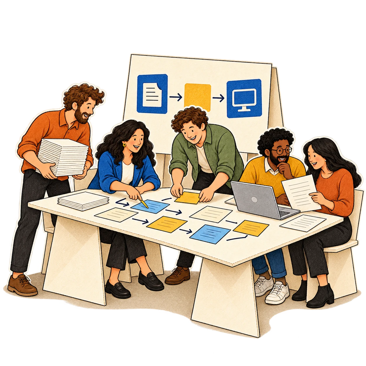An illustrated team maps a paperwork-heavy process and works together on a simpler way to do it