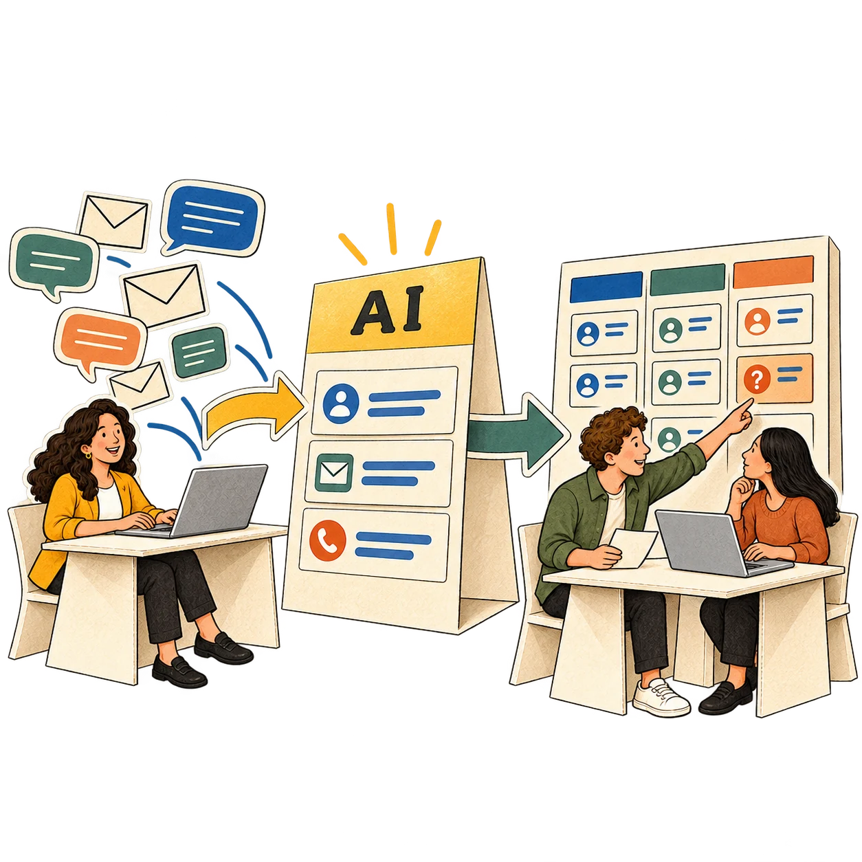Customer messages flow into an AI system that extracts information for a customer records board; colleagues review a flagged record