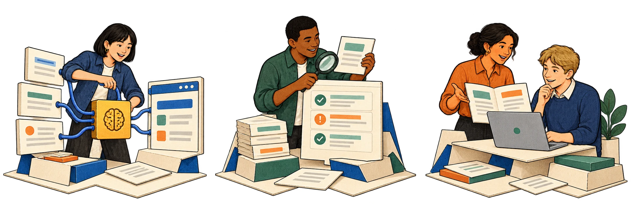 An engineer connects source documents, an AI module and an application.