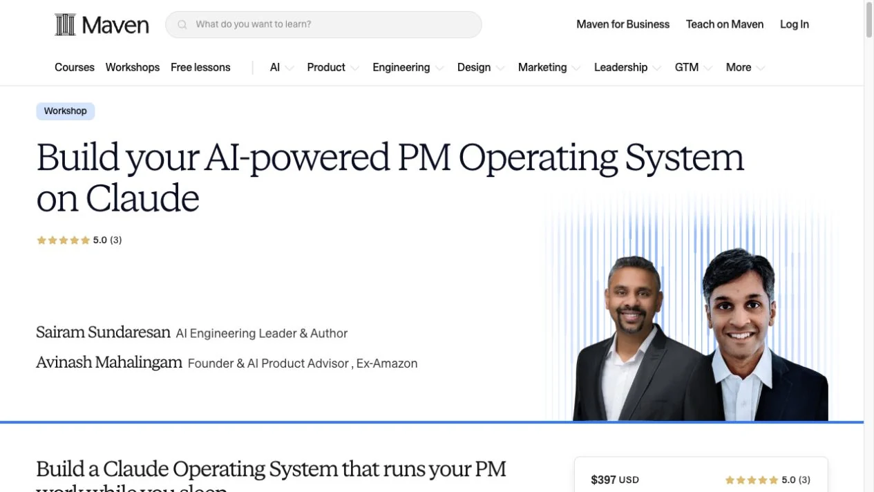 Preview of the Maven page for Build your AI-powered PM Operating System on Claude
