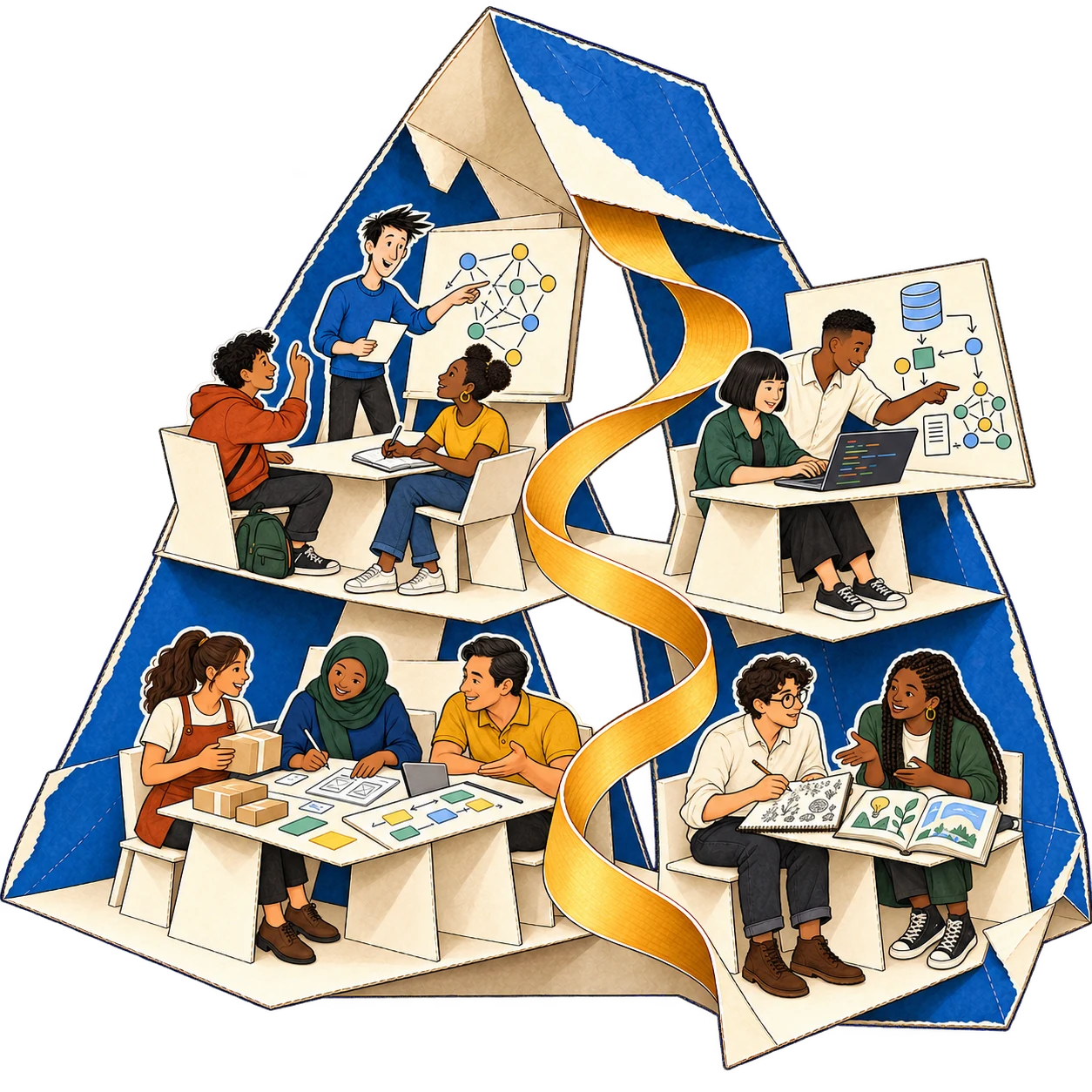 Paper A-shaped workshop with a gold S: the Reasoning Loop character teaches young adult learners, engineers work on code and AI systems, a business owner and designer plan with a team lead, and an illustrator discusses ideas with a reader.